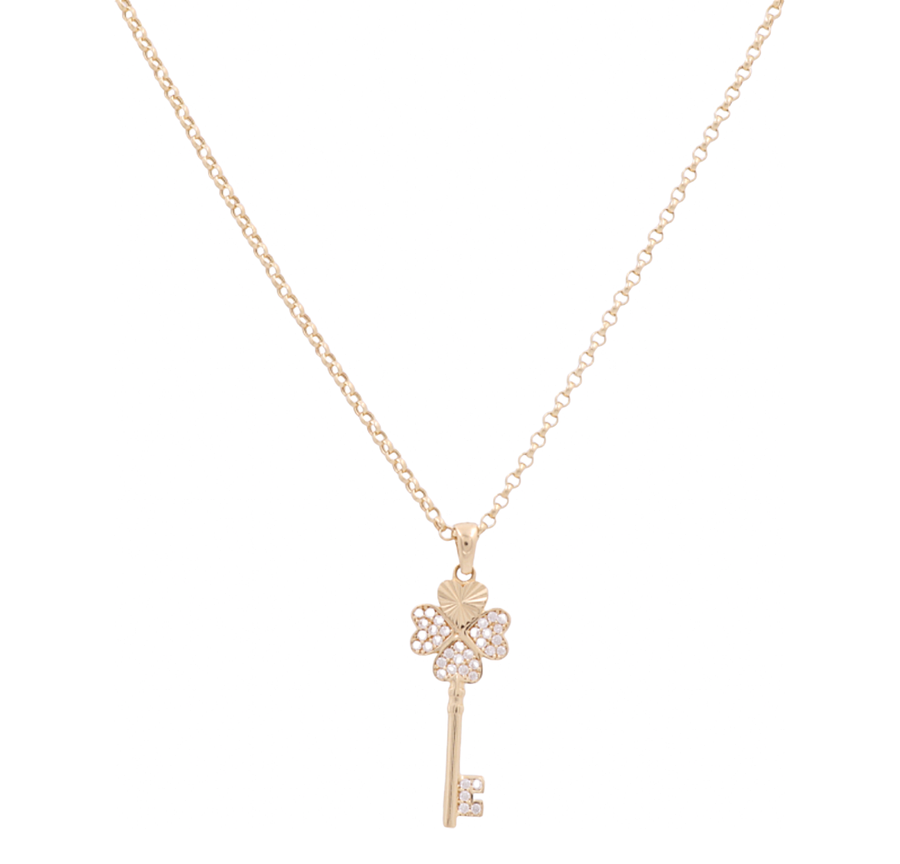 The Miral Jewelry 14K Yellow Gold Women's Heart Key Pendant with Necklace is adorned with small diamonds.