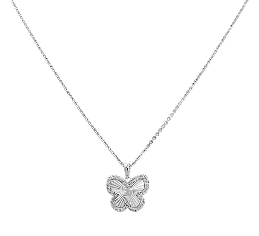 14K white gold women's necklace with a delicate butterfly-shaped pendant on a thin chain by Miral Jewelry.