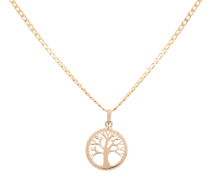 Miral Jewelry's 14K Yellow Gold Women's Tree of Life Pendant with Necklace features a thin chain and a circular pendant with an intricate tree design.