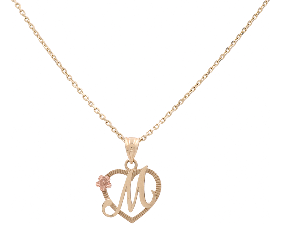 A 14K yellow and rose gold women's necklace by Miral Jewelry, featuring an "M" pendant with a heart shape and a small flower detail.