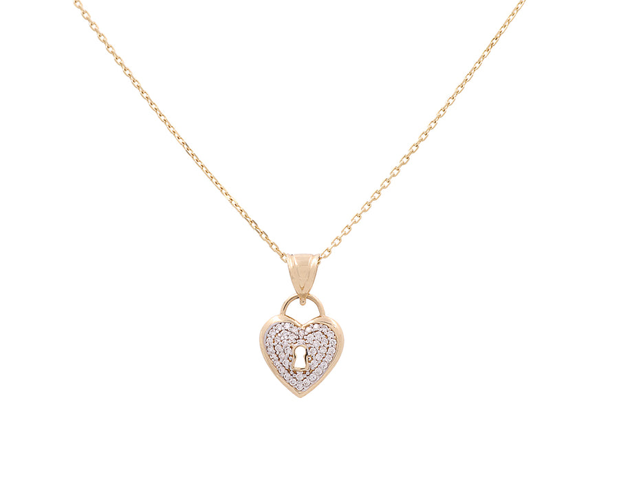 The 14K Yellow Gold Women's Cubic Zirconias Heart Lock Pendant with Necklace by Miral Jewelry features a heart-shaped pendant adorned with small cubic zirconias and a keyhole design in the center.