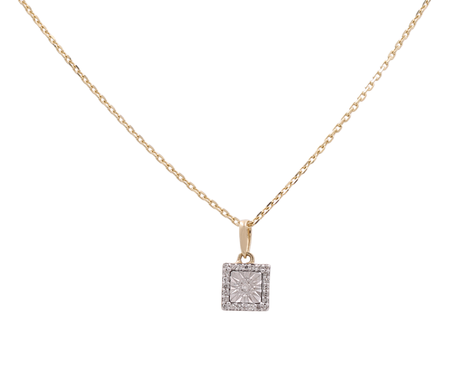 Miral Jewelry's 14K Yellow and White Gold Women's Pendant with Necklace features a luxurious square pendant encrusted with small diamonds in the center. This timeless piece adds an elegant touch to any outfit.