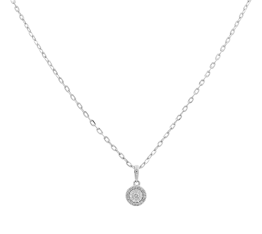 Discover the stunning Miral Jewelry 14K White Gold Women's Fashion Pendant & Necklace, featuring an elegant thin chain and a round, intricately detailed pendant adorned with small gemstones at its center.