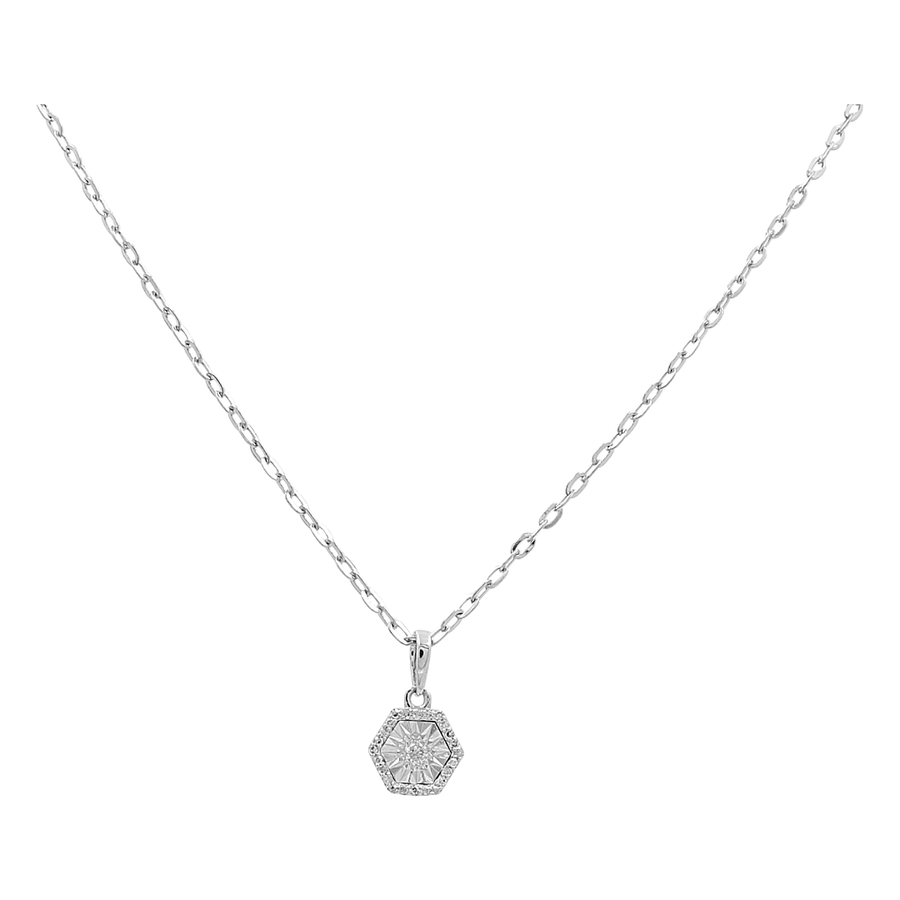 The 14K White Gold Women's Fashion Pendant & Necklace by Miral Jewelry showcases a hexagonal pendant with a starburst design, adorned with small clear stones around the edges.