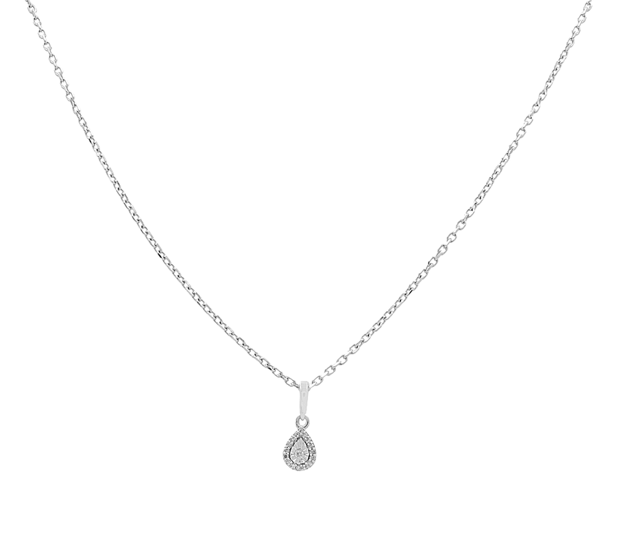 A delicate and elegant piece from Miral Jewelry, the 14K White Gold Women's Drop Pendant & Necklace features a stunning teardrop-shaped pendant encrusted with small clear stones on a fine white gold chain.