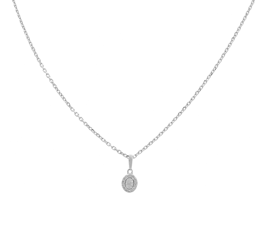 A delicate 14K white gold chain necklace from Miral Jewelry features an oval-shaped pendant in the center, adorned with small crystals. The background is plain white, contrasting elegantly with a 14K yellow gold necklace that boasts a fashion heart pendant.