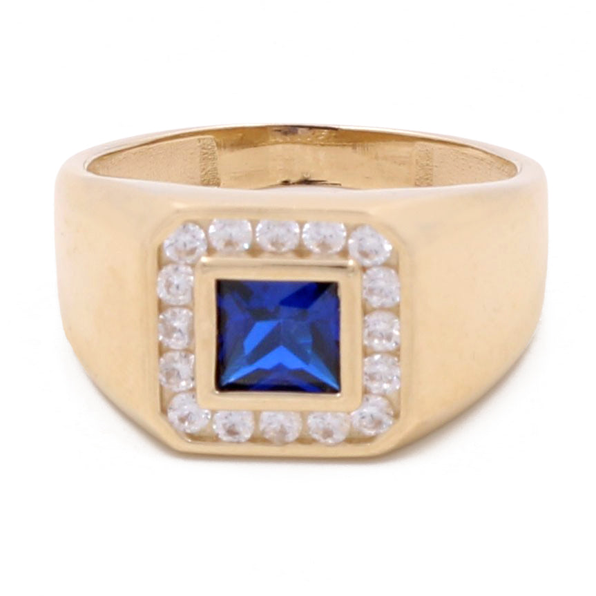 A Miral Jewelry 14K Yellow Gold Men's Sapphire and Cubic Zirconias Ring featuring a square blue sapphire set in the center, surrounded by small clear cubic zirconias in a rectangular arrangement.