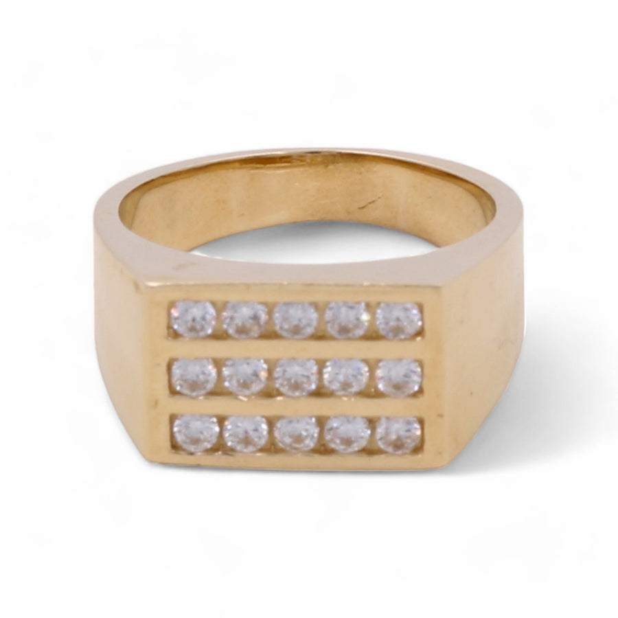 A 14K Yellow Gold Men's with Cubic Zirconias Ring by Miral Jewelry featuring a wide band with three rows of small, round cubic zirconias set into the front, exuding luxury and sophistication.