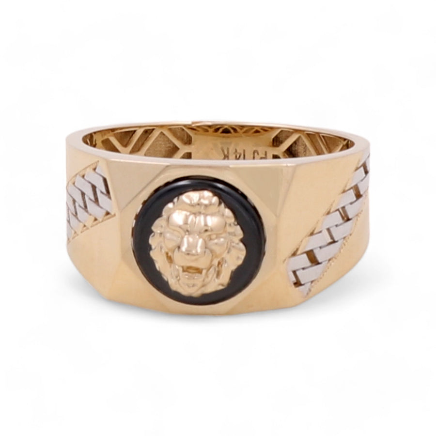 A Miral Jewelry 14K Yellow and White Gold Men's Lion Ring with a lion's head design in the center, bordered by black and accented with cubic zirconias on the patterned side bands.