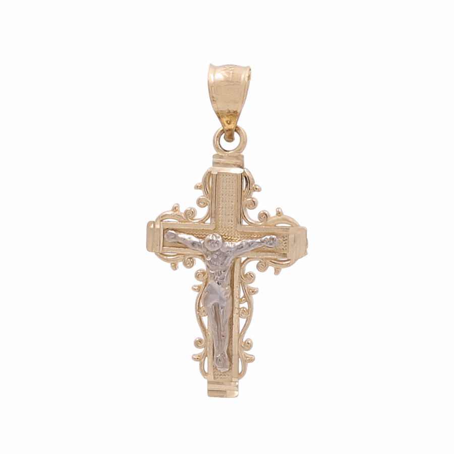 14K Yellow and White Gold Jesus Cross Pendant featuring an ornate design with a depiction of Jesus Christ, crafted meticulously in 14K yellow and white gold. This elegant Miral Jewelry pendant is an exquisite piece of jewelry.