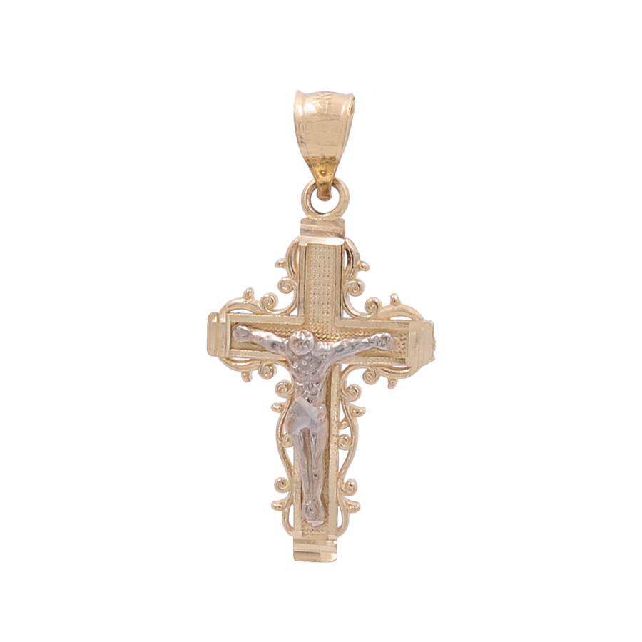 14K Yellow and White Gold Jesus Cross Pendant featuring an ornate design with a depiction of Jesus Christ, crafted meticulously in 14K yellow and white gold. This elegant Miral Jewelry pendant is an exquisite piece of jewelry.