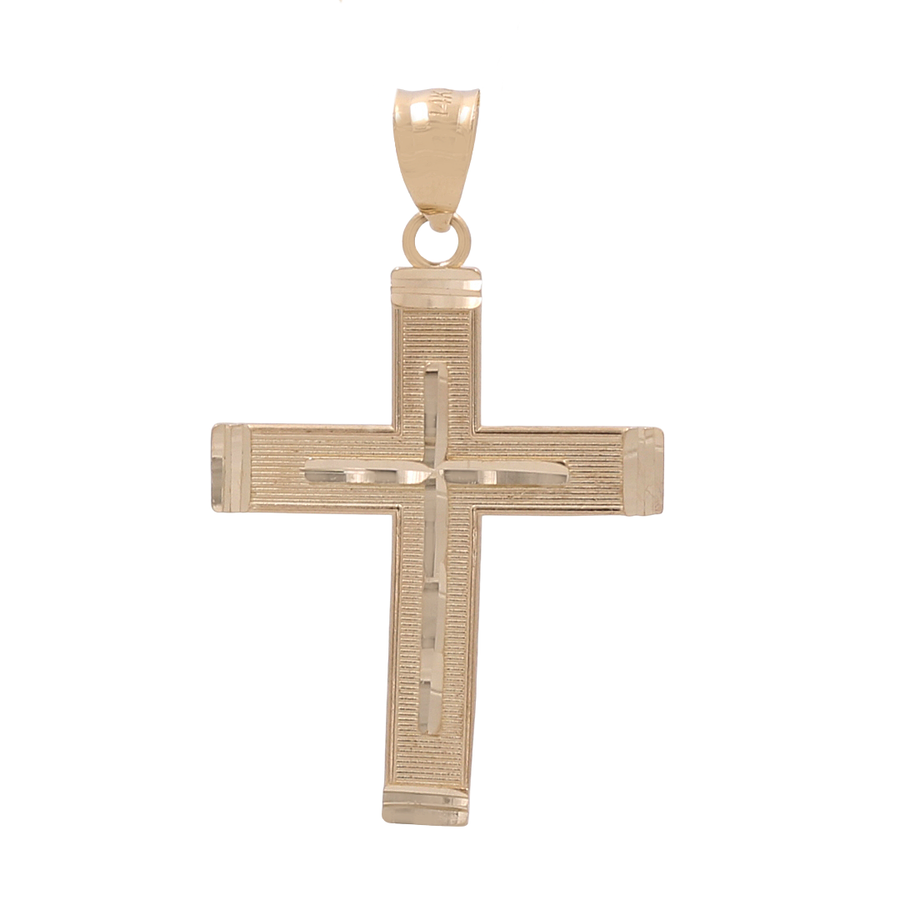 The 14K Yellow Gold Cross Pendant from Miral Jewelry features a textured surface and a detailed cross pattern at its center, embodying a timeless symbol of faith.