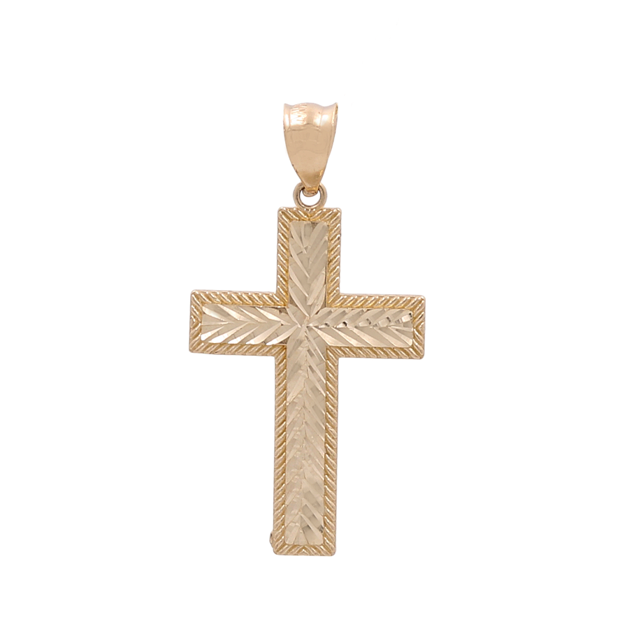 The Miral Jewelry 14K Yellow Gold Cross Pendant showcases intricate designs in the center and along the edges, complete with a loop at the top for easy attachment to a chain, enhancing your jewelry collection with a touch of faith and devotion.