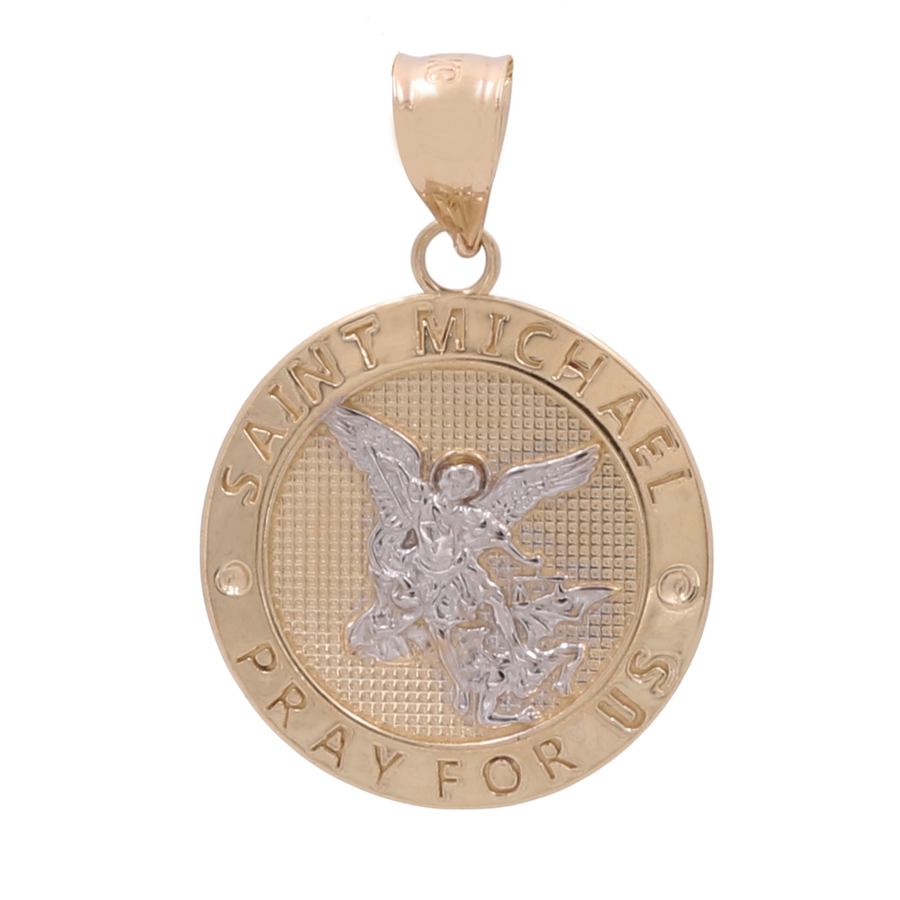 A fun jewelry piece, this Miral Jewelry 14K Yellow and White Gold Saint Michael Pendant features "Saint Michael Pray for Us" inscribed around a vibrant image of Saint Michael in the center, enhanced with colorful stones.