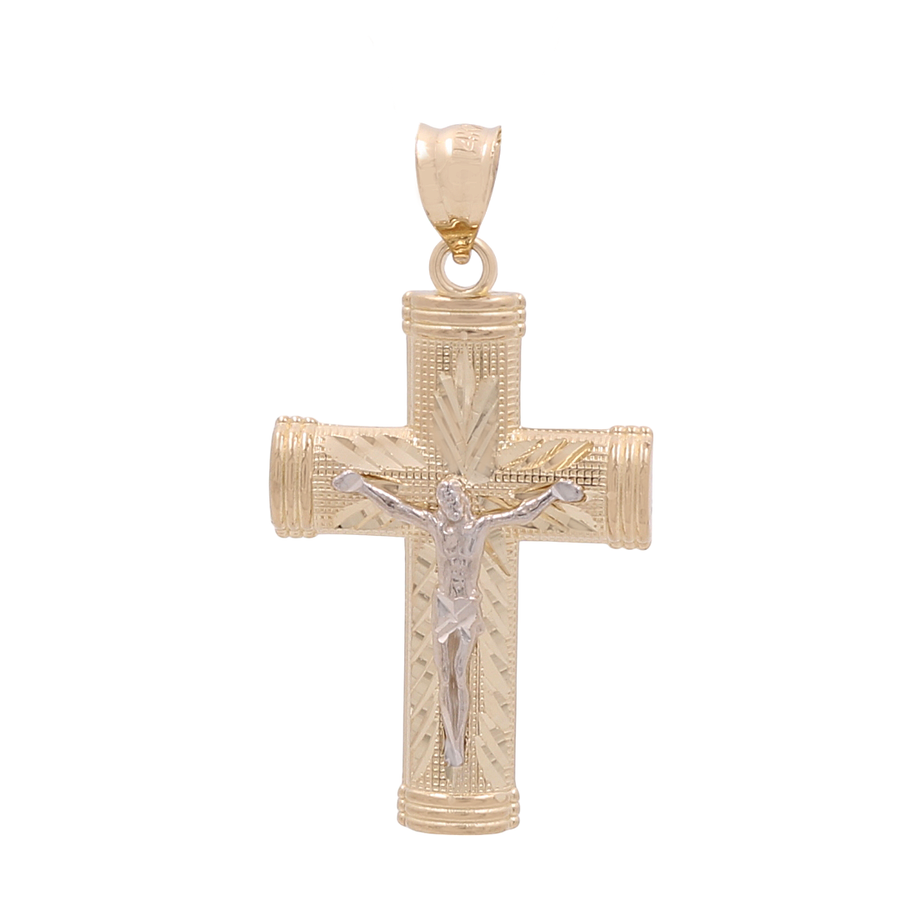 Miral Jewelry 14K Yellow and White Gold Jesus Cross Pendant with detailed engravings and a silver figure of Jesus crucified on the front.