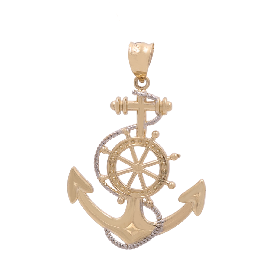 14K Yellow and White Gold Anchor Pendant by Miral Jewelry featuring an anchor, ship wheel, and rope design, embodying both nautical charm and timeless elegance.