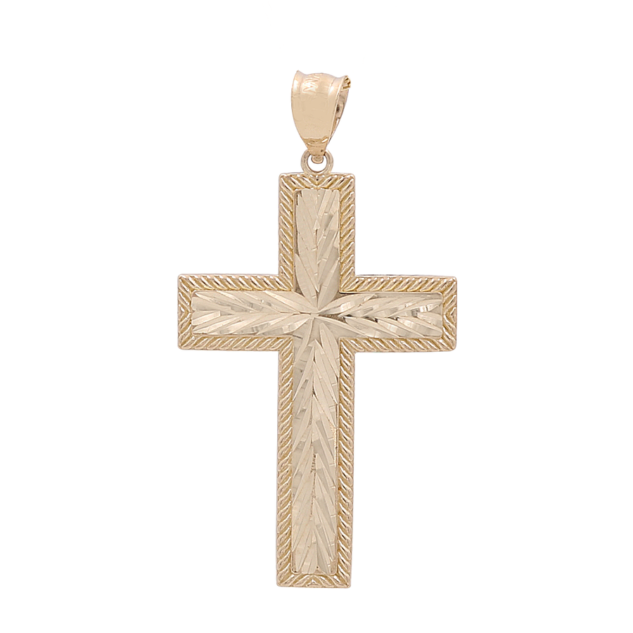 The Miral Jewelry 14K Yellow Gold Cross Pendant, featuring engraved details and a loop at the top for attaching to a chain, serves as an exquisite and timeless symbol of faith.