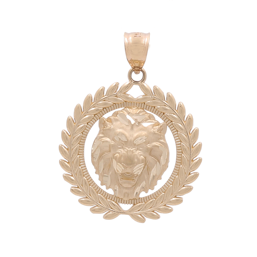 A stunning 14K Yellow Gold Lion with Wreath Pendant by Miral Jewelry.