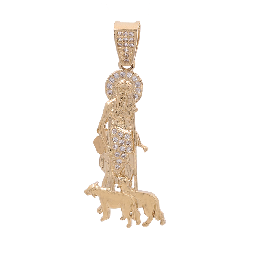 Miral Jewelry 14K Yellow Gold San Lazaro Pendant with Cubic Zirconias depicting a saint with a staff and halo, adorned with small cubic zirconias, standing next to a sheep.