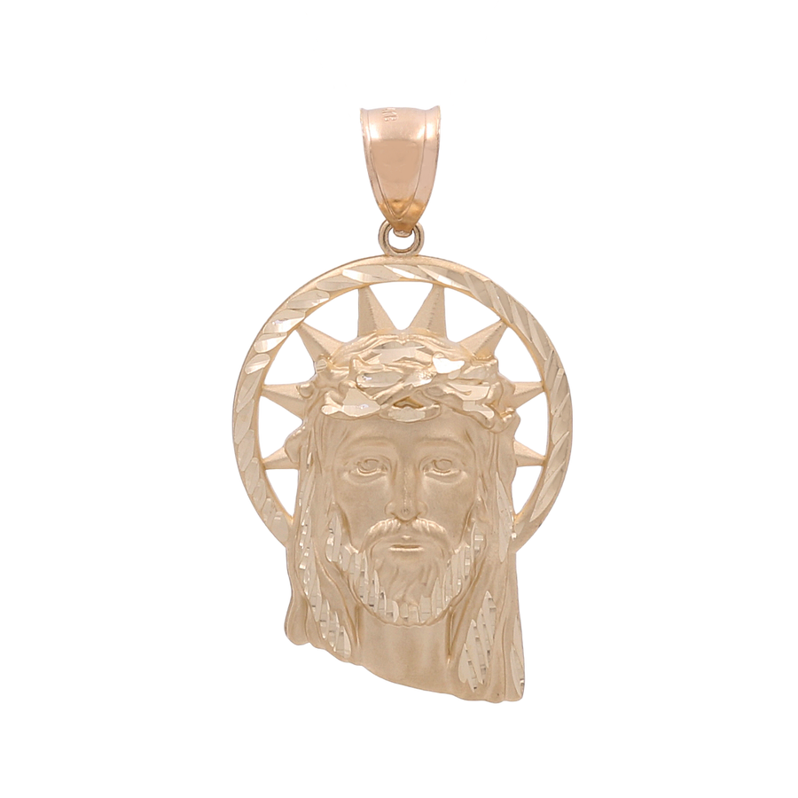 A stunning 14K Yellow Gold Jesus with Crown Pendant crafted by Miral Jewelry, featuring a head with a crown of thorns and halo, adorned with sparkling cubic zirconias.