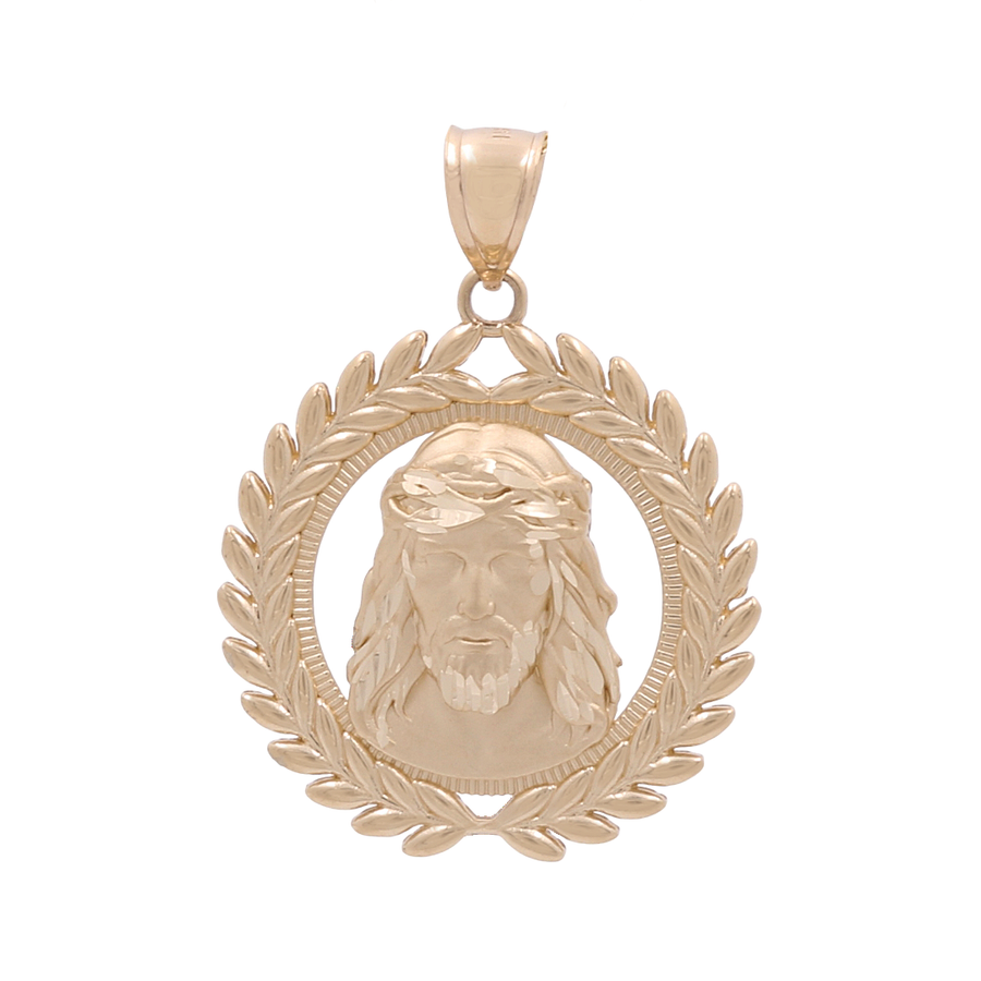 Miral Jewelry's 14K Yellow Gold Jesus with Wreath Pendant features a high-quality, detailed depiction of Jesus with a crown of thorns, framed by a laurel wreath design.