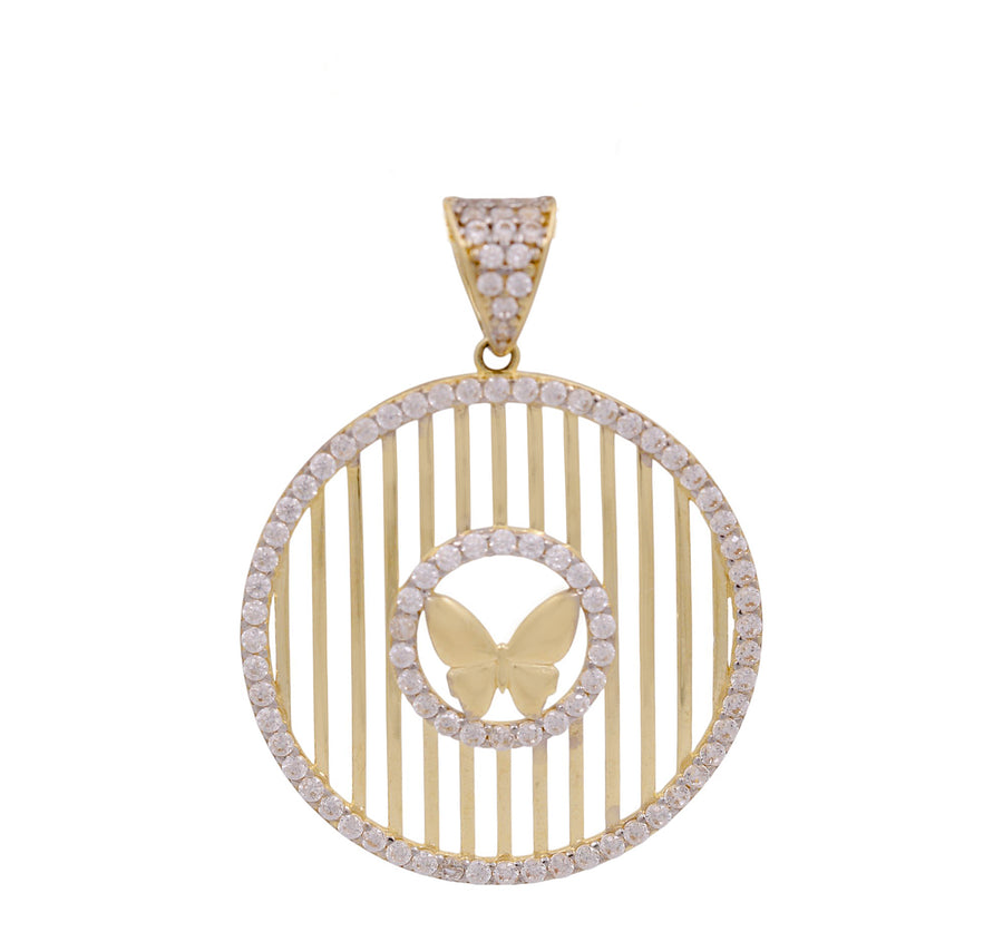 14K Yellow Gold Round Medal Butterfly Pendant