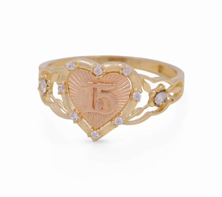 14K Two Tone Yellow/Rose Gold Heart with 15  Women's Ring