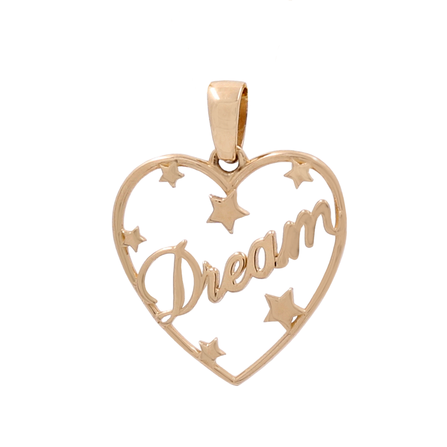 The 14K Yellow Gold Heart with Dream Pendant by Miral Jewelry features a heart-shaped design with the word "Dream" elegantly engraved in the center, surrounded by delicate star shapes, making it a perfect addition to any jewelry collection.