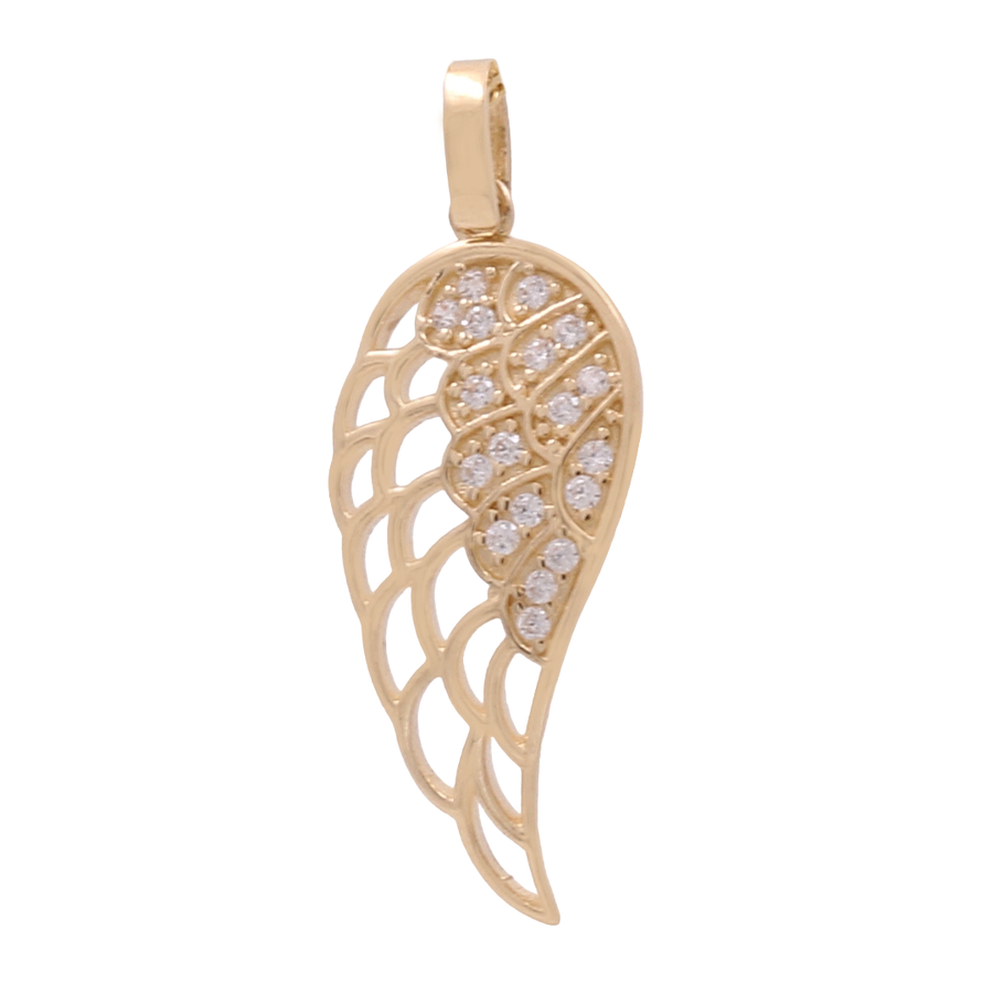 Miral Jewelry's 14K Yellow Gold Wing Pendant with Cubic Zirconias showcases a delicate lattice design and is beautifully adorned with small, sparkling cubic zirconias.