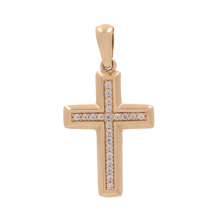 A stunning 14K Yellow Gold Fashion Cross Pendant from Miral Jewelry, adorned with a row of cubic zirconias outlining its shape, set against a plain white background. This exquisite piece of fashion jewelry combines elegance and simplicity seamlessly.