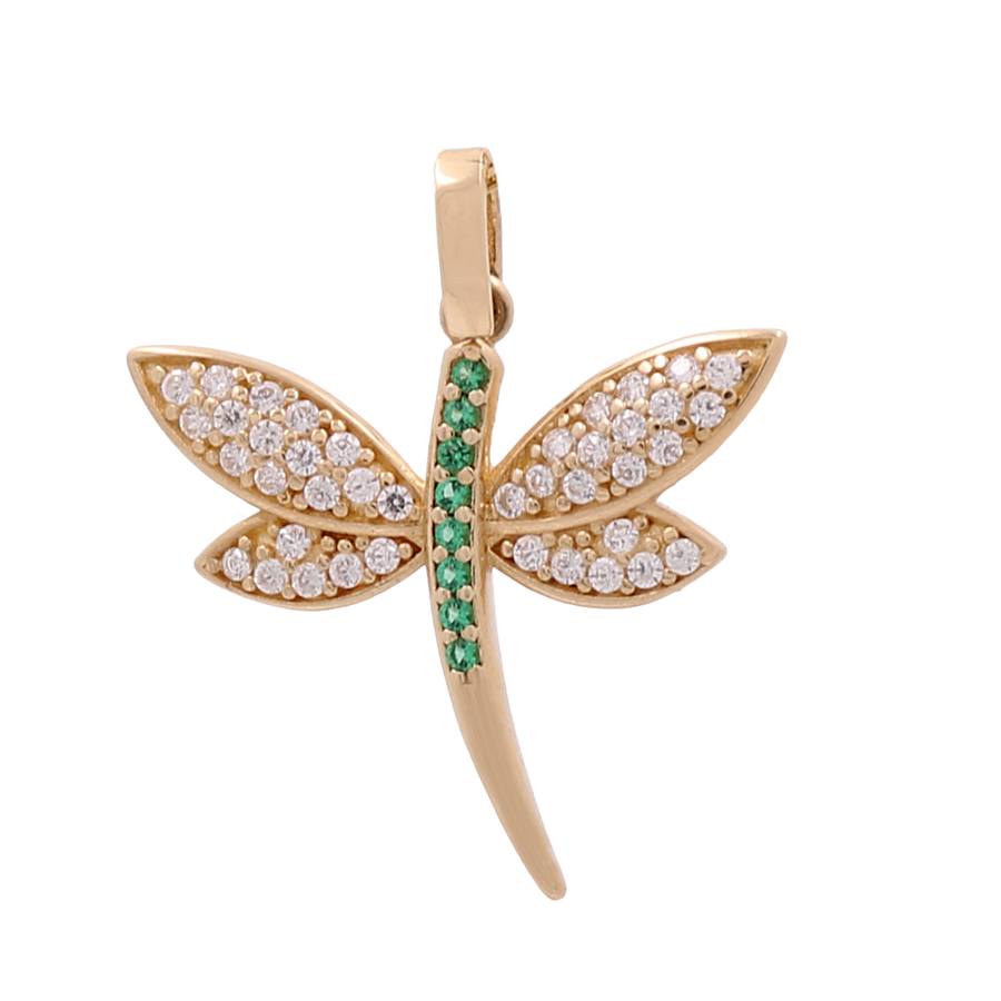 The 14K Yellow Gold Fashion Dragon Fly Pendant from Miral Jewelry features cubic zirconias on the wings and a line of green gemstones along the body.