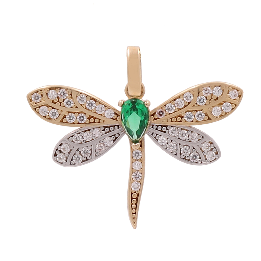 The Miral Jewelry 14K Yellow Gold Dragon Fly Pendant with Cubic Zirconias features a green gemstone body and wings encrusted with small cubic zirconias.