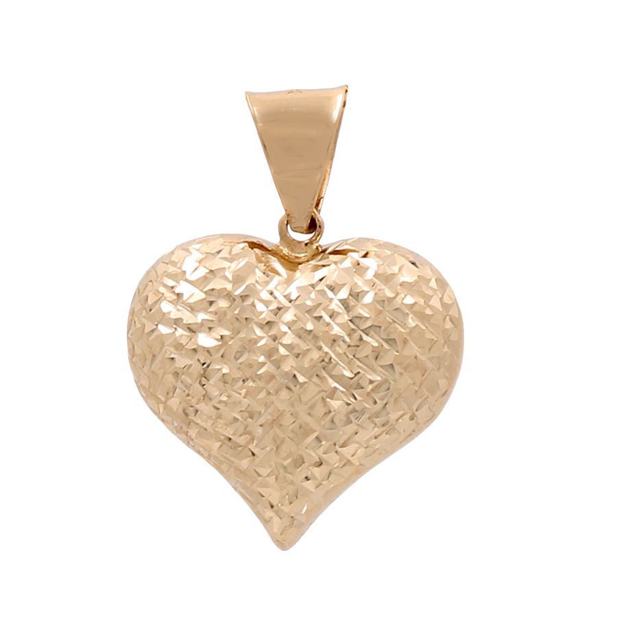 A **Miral Jewelry 14K Yellow Gold Fashion Heart Pendant** with a smooth loop at the top for attaching to a chain, adorned with sparkling cubic zirconias.