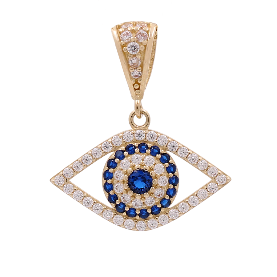 A 14K yellow gold eye pendant from Miral Jewelry, adorned with white and blue cubic zirconias—a striking addition to any jewelry collection.