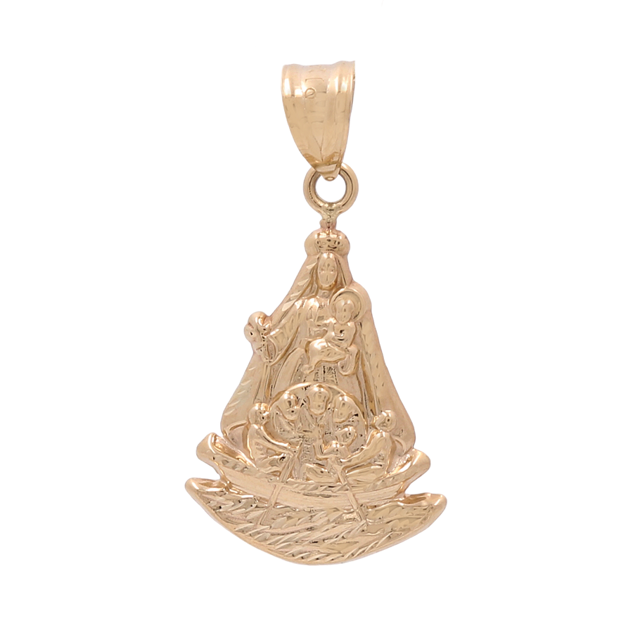 The Miral Jewelry 14K Yellow Gold Santa Barbara Pendant features a stunning depiction of religious figures, intricately detailed with a loop for attaching to a chain. This exquisite piece of faith jewelry showcases the beauty and devotion characteristic of the Santa Barbara pendant.