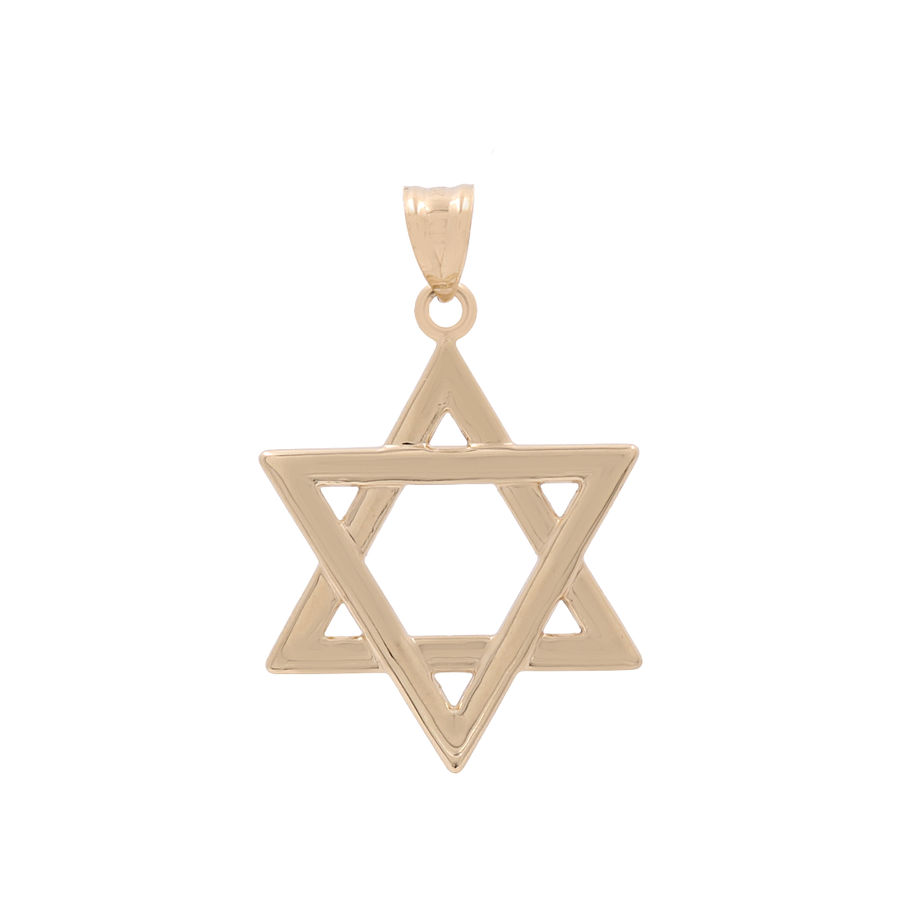 Introducing the Miral Jewelry 14K Yellow Gold Star of David Pendant, a stunning piece featuring a geometric design with two interlocking triangles.