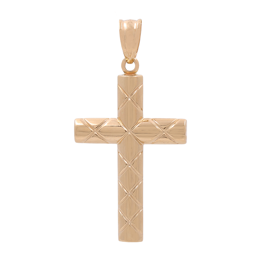 The Miral Jewelry 14K Yellow Gold Fashion Cross Pendant is elegantly crafted with a checkered pattern design. This exquisite accessory includes a loop at the top for easy attachment to a chain.