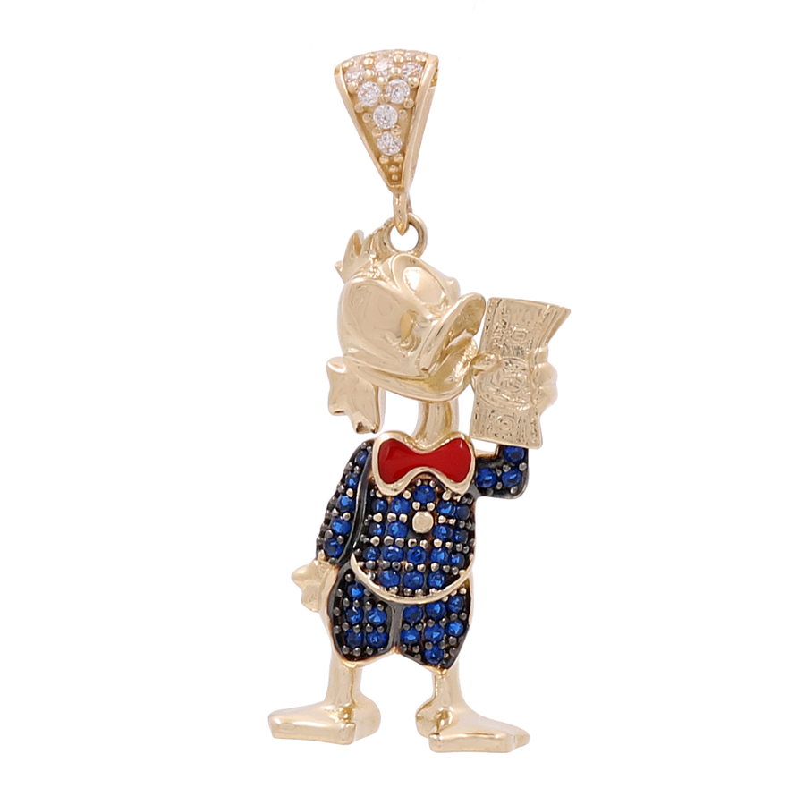 The Miral Jewelry 14K Yellow Gold Scrooge McDuck Pendant features an anthropomorphic duck character adorned with blue and red enamel, holding a document, and showcasing small embedded color stones at the top section.