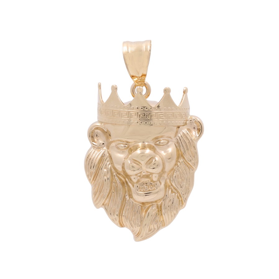 The Miral Jewelry 14K Yellow Gold Lion with Crown Pendant features detailed engravings and is crafted from yellow and white gold, complete with a loop for attaching to a chain.