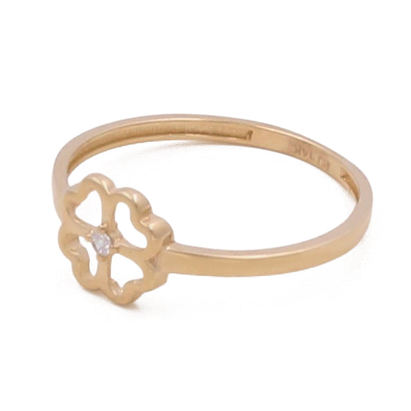 A 14K Yellow Gold women's fashion clover ring by Miral Jewelry, adorned with a small central cubic zirconia.