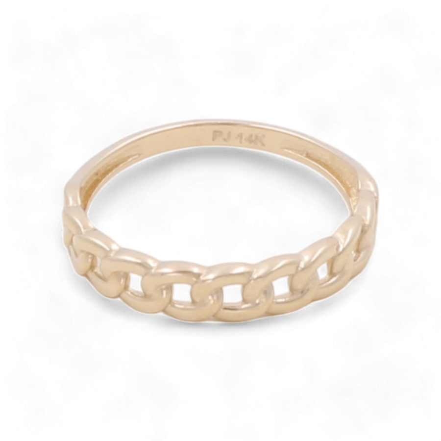 The Miral Jewelry 14K Yellow Gold Women's Fashion Links Ring features a captivating chain link design adorned with cubic zirconias and has "PJ 14K" engraved on the inner band. This exquisite piece is a perfect addition to any women's fashion ring collection.