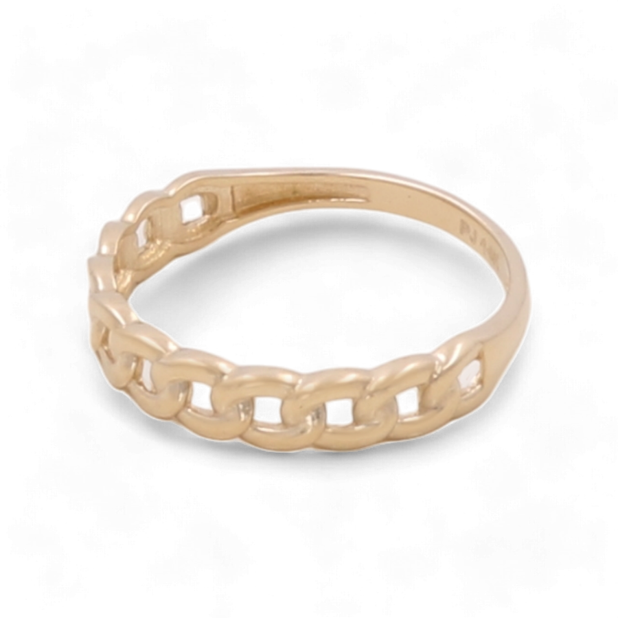 Introducing the 14K Yellow Gold Women's Fashion Links Ring by Miral Jewelry, featuring a chain link design on its band. This exquisite clover ring is adorned with cubic zirconias, making it the perfect addition to any woman's collection.