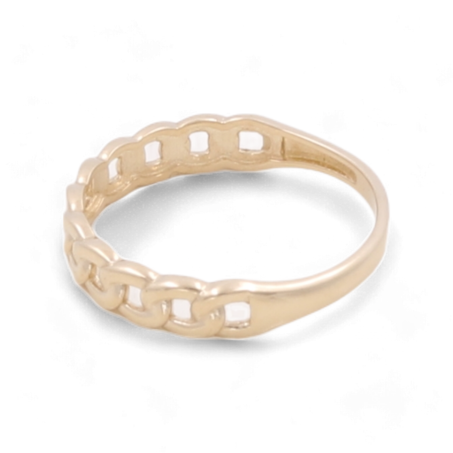 A stunning 14K Yellow Gold Women's Fashion Links Ring by Miral Jewelry, featuring a partial chain link design on the band and adorned with sparkling cubic zirconias, shown against a plain white background.