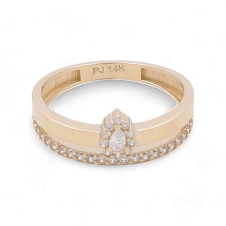 The Miral Jewelry 14K Yellow Gold Women's Fashion Ring features a pear-shaped centerpiece surrounded by a halo of smaller cubic zirconias along the band, making it a perfect addition to women's fashion.