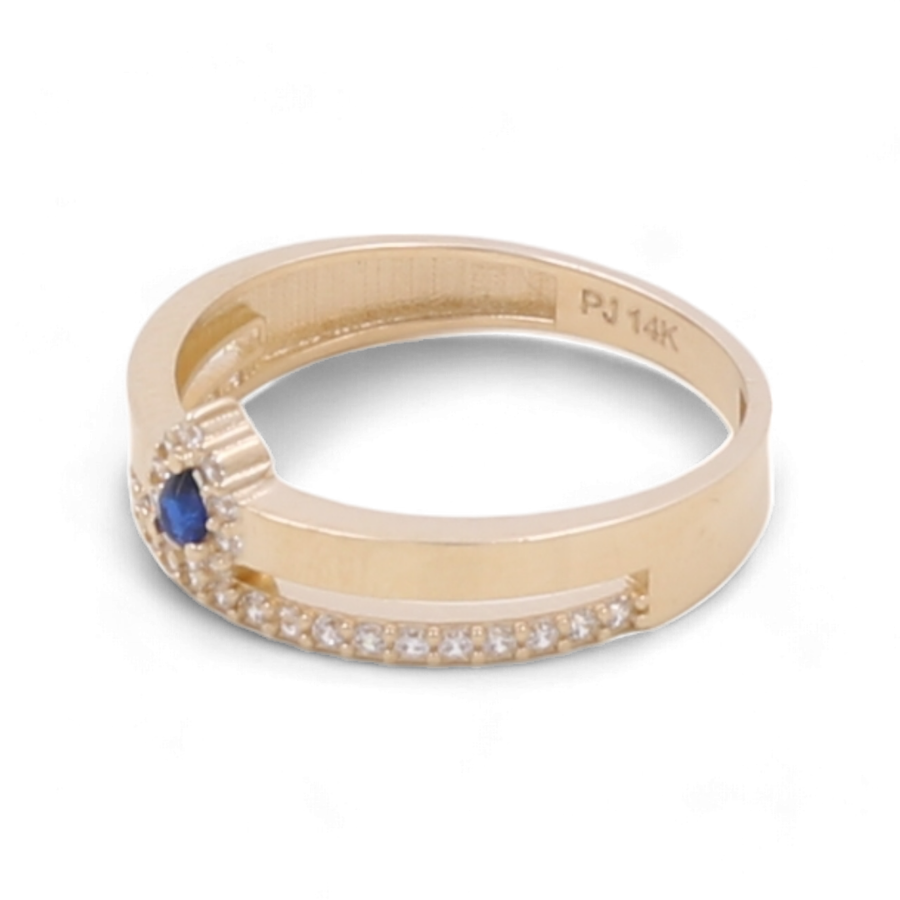 The Miral Jewelry 14K Yellow Gold Women's Fashion with Color Stone Ring boasts a gold band adorned with a mesmerizing sapphire stone and delicate diamond accents, engraved with "PJ 14K." This exquisite piece epitomizes luxury jewelry crafted from 14K yellow gold.