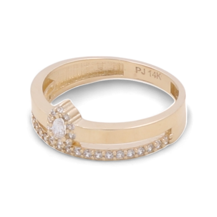 Miral Jewelry's 14K Yellow Gold Women's Fashion Ring showcases a central small round diamond and a row of cubic zirconias embedded along the band, with the inscription "PJ 14K" inside.