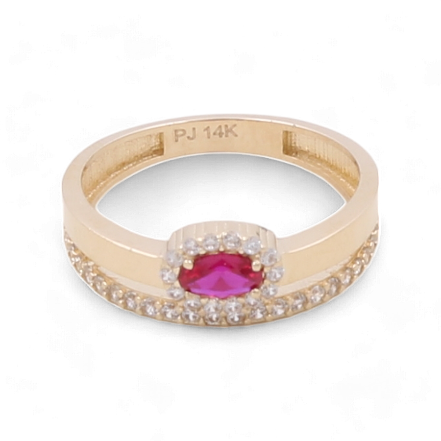 The Miral Jewelry 14K Yellow Gold Women's Fashion with Color Stone Ring features a rectangular pink stone, complemented by a band adorned with small cubic zirconias and engraved with "PJ 14K" on the inner side.