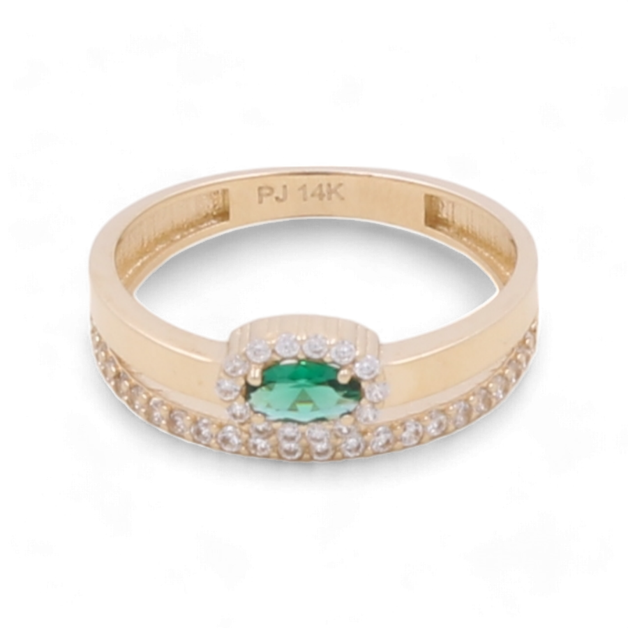 Miral Jewelry presents the 14K Yellow Gold Women's Fashion with Color Stone Ring, featuring a vibrant green center stone and surrounded by shimmering cubic zirconias adorning the band.