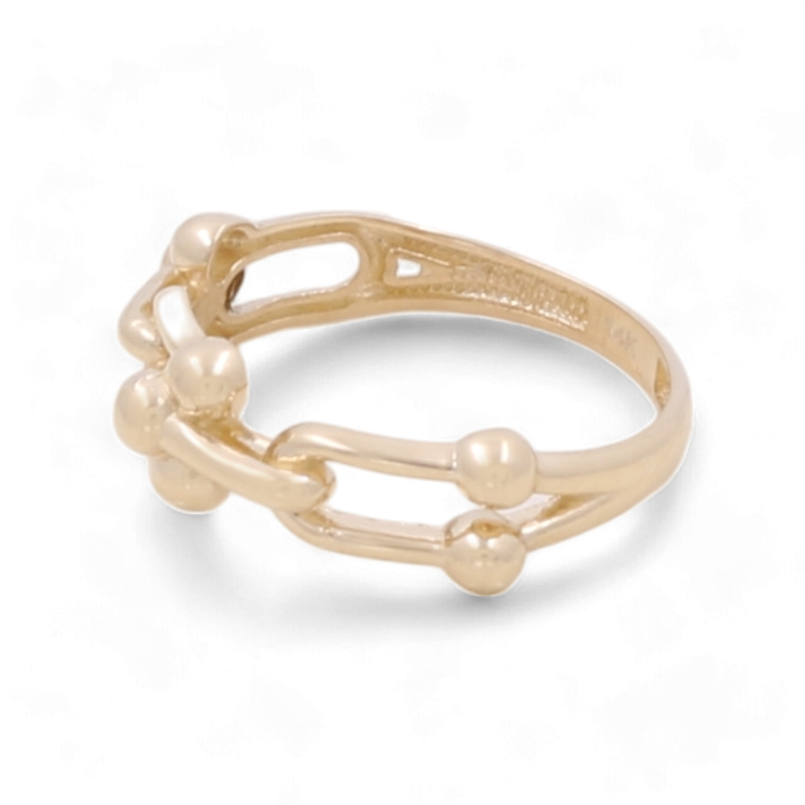 Introducing the 14K Yellow Gold Women's Fashion Links Ring by Miral Jewelry, showcasing an open chain design with spherical accents. Perfect for women’s fashion, this unique piece combines elegance and contemporary style.