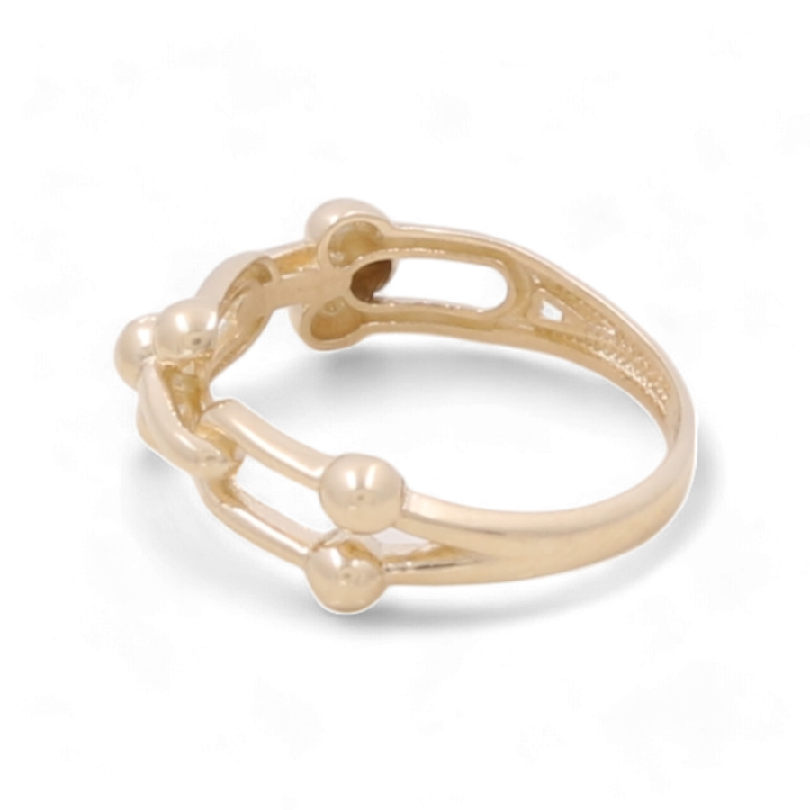 The Miral Jewelry 14K Yellow Gold Women's Fashion Links Ring boasts a unique design, featuring interconnected curved bars and round bead-like accents.